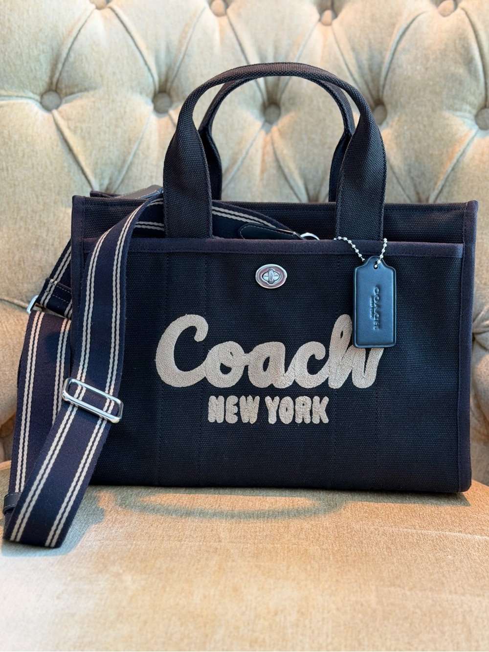 Coach Cargo Canvas Tote Black Tan Silver Adjustable/Removable Strap